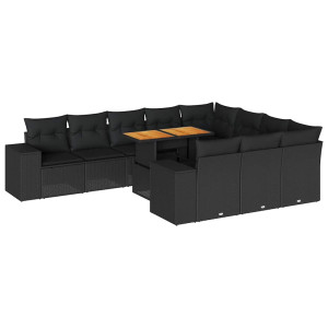 10 pcs conjunto sofás jardim c/ almofadões vime PE/acácia preto H