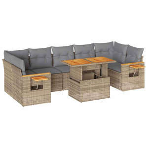 8 pcs conjunto sofás jardim com almofadões vime PE/acácia bege H
