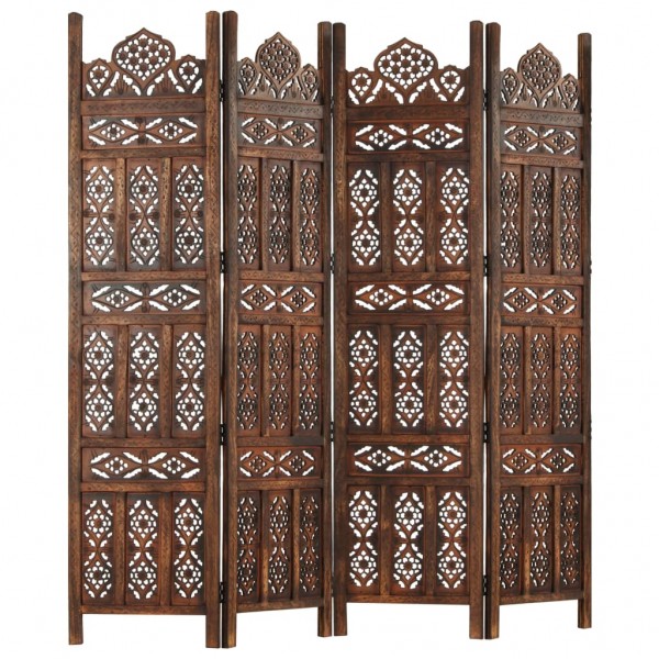 Biombo 4 paneles tallado a mano madera mango marrón 160x165 cm M 5