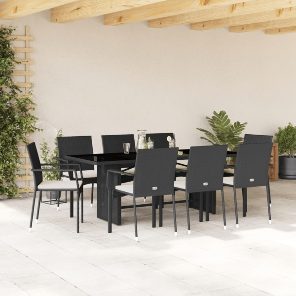 Set de comedor de jardín 9 pzas y cojines ratán sintético negro D