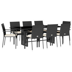 Set de comedor de jardín 9 pzas y cojines ratán sintético negro H