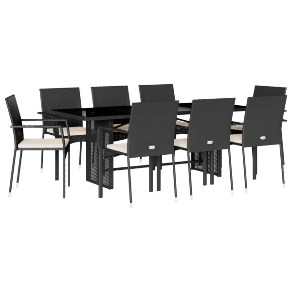 Set de comedor de jardín 9 pzas y cojines ratán sintético negro M 2
