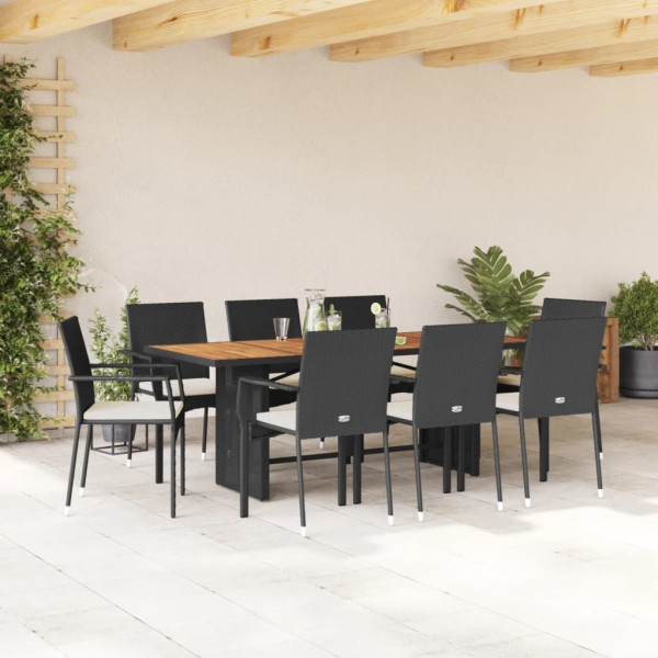 Set de comedor de jardín 9 pzas y cojines ratán sintético negro D