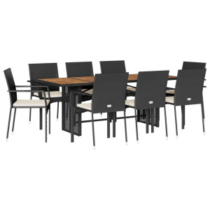 9 pcs conjunto de jantar p/ jardim c/ almofadões vime PE preto H