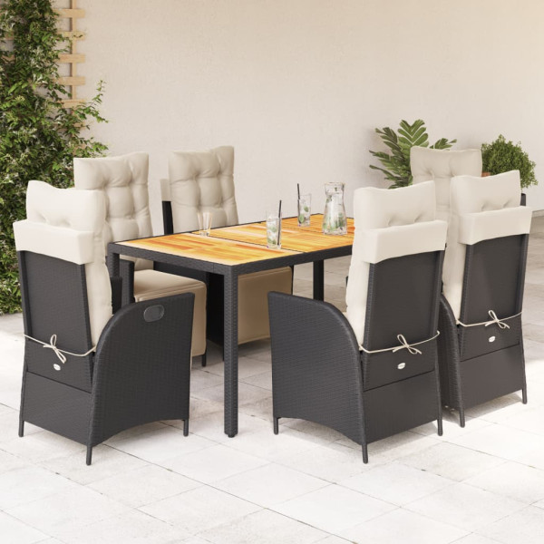 7 pcs conjunto de jantar p/ jardim c/ almofadões vime PE preto D