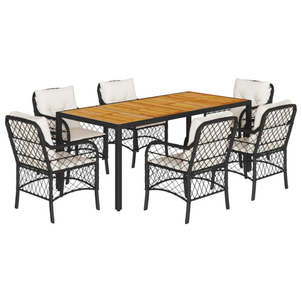 Set de comedor de jardín 7 pzas y cojines ratán sintético negro M 2