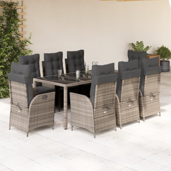 Set comedor jardín 9 pzas y cojines ratán sintético gris D