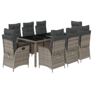 Set comedor jardín 9 pzas y cojines ratán sintético gris H
