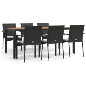 7 pcs conjunto de jantar p/ jardim c/ almofadões vime PE preto H