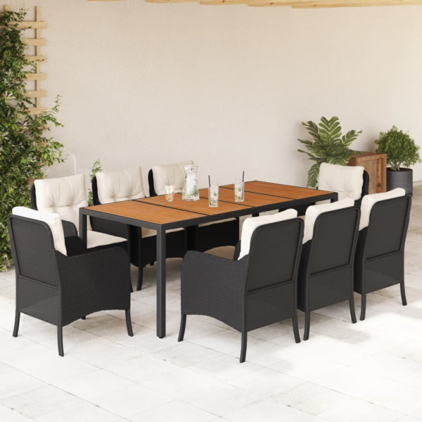 Set de comedor de jardín 9 pzas y cojines ratán sintético negro D