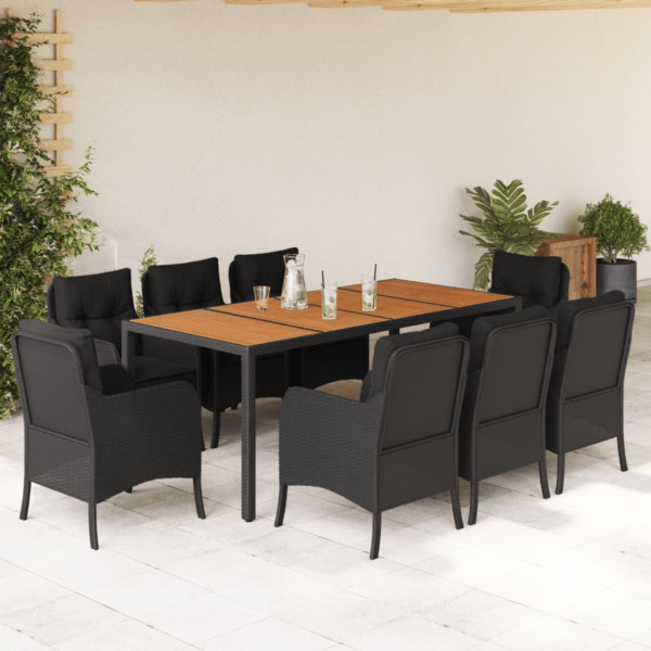Set de comedor de jardín 9 pzas y cojines ratán sintético negro D