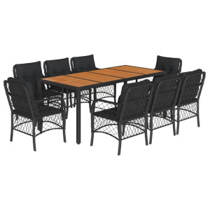Set de comedor de jardín 9 pzas y cojines ratán sintético negro H