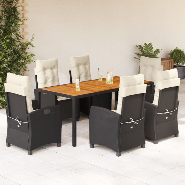 7 pcs conjunto de jantar p/ jardim c/ almofadões vime PE preto D