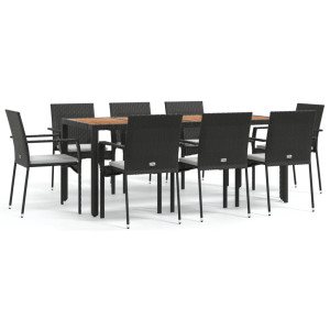 Set de comedor de jardín 9 pzas y cojines ratán sintético negro H