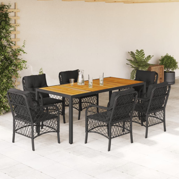 7 pcs conjunto de jantar p/ jardim c/ almofadões vime PE preto D