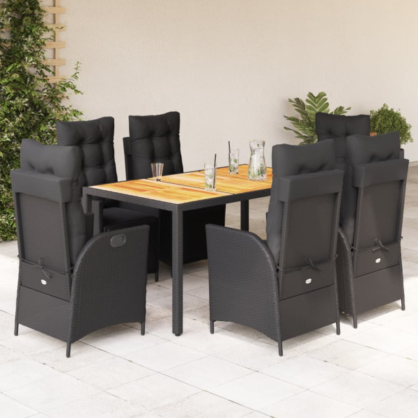 7 pcs conjunto de jantar p/ jardim c/ almofadões vime PE preto D