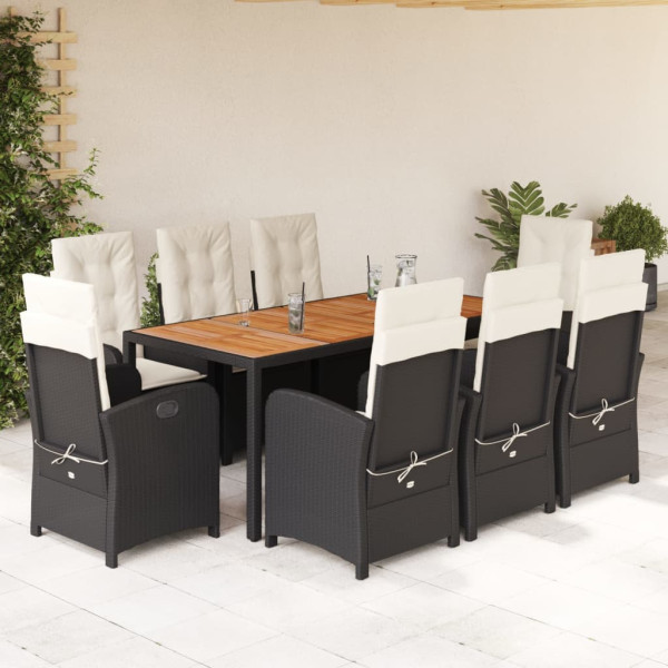 Set de comedor de jardín 9 pzas y cojines ratán sintético negro D