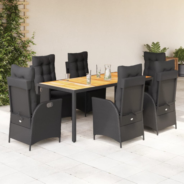7 pcs conjunto de jantar p/ jardim c/ almofadões vime PE preto D