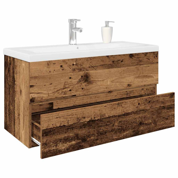 Mueble lavabo con lavabo integrado y grifo madera vieja D