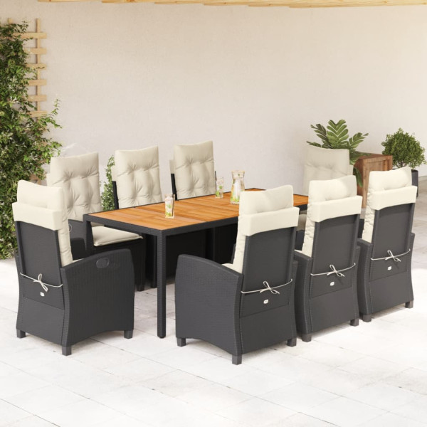 Set de comedor de jardín 9 pzas y cojines ratán sintético negro D