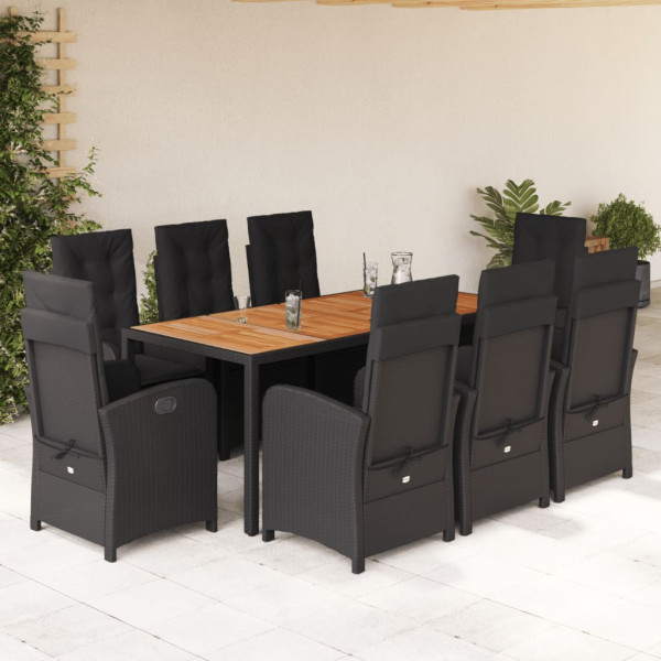 Set de comedor de jardín 9 pzas y cojines ratán sintético negro D