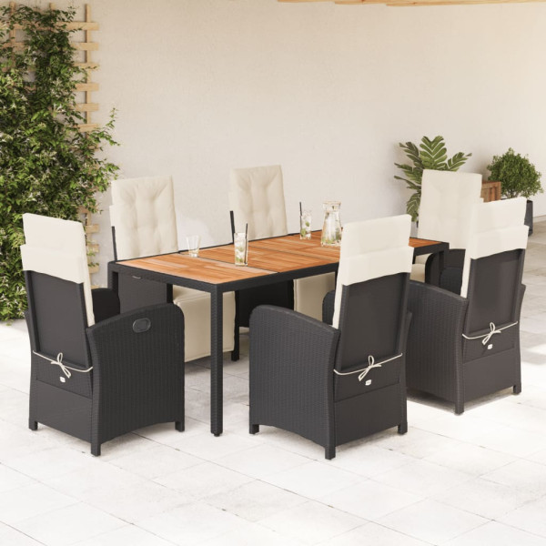 7 pcs conjunto de jantar p/ jardim c/ almofadões vime PE preto D