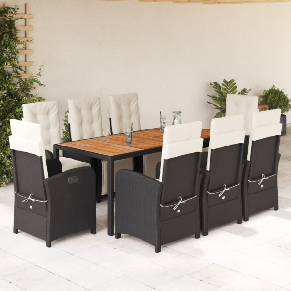 Set de comedor de jardín 9 pzas y cojines ratán sintético negro D