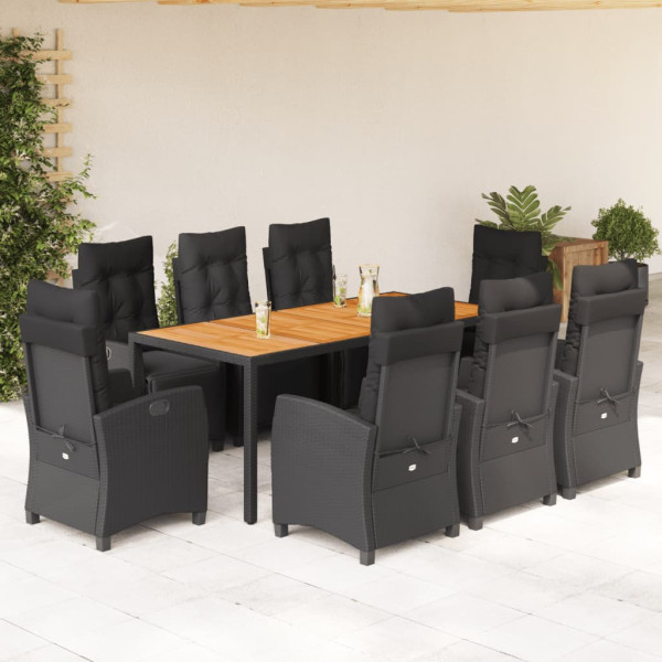 Set de comedor de jardín 9 pzas y cojines ratán sintético negro D