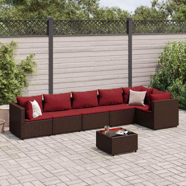 Set muebles de jardín 7 piezas y cojines ratán sintético marrón D