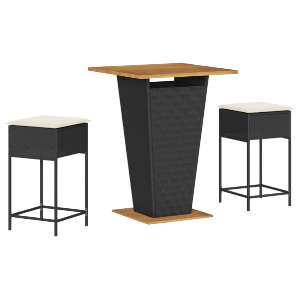 3 pcs conjunto de bar para jardim c/ almofadões vime PE preto M 2