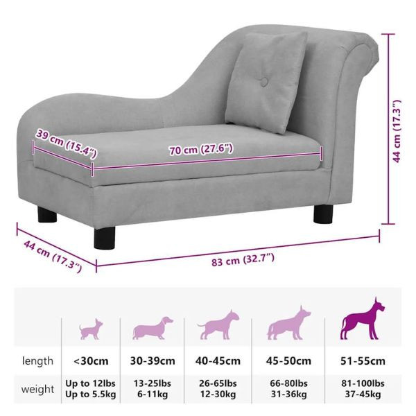 Sofá para cães com almofada 83x44x44 cm pelúcia cinzento M 6