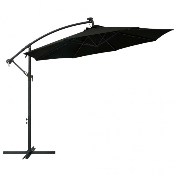 Guarda-sol cantilever c/ luzes LED e poste de aço 300 cm preto M 3