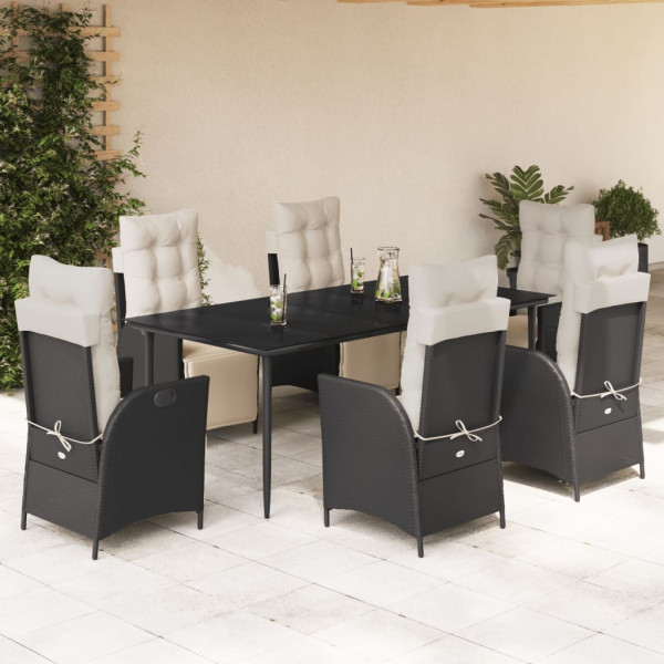 Set de comedor de jardín 7 pzas y cojines ratán sintético negro D