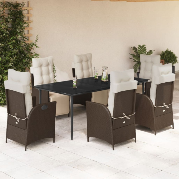 Set comedor de jardín 7 pzas con cojines ratán sintético marrón D