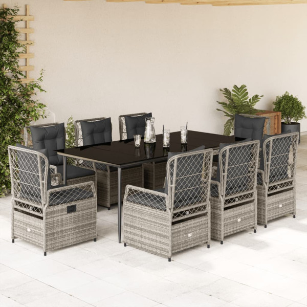 Set comedor jardín 9 pzas y cojines ratán sintético gris D
