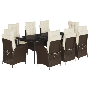 Set comedor para jardín 9 pzas y cojines ratán sintético marrón H