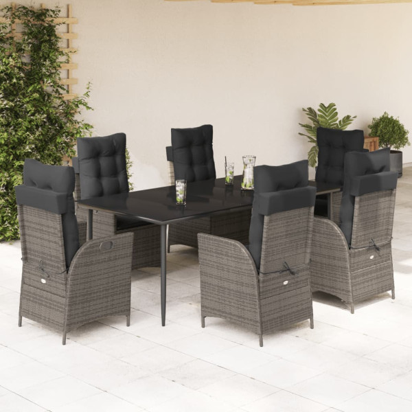 7 pcs conjunto de jantar p/ jardim c/ almofadões vime PE cinza D