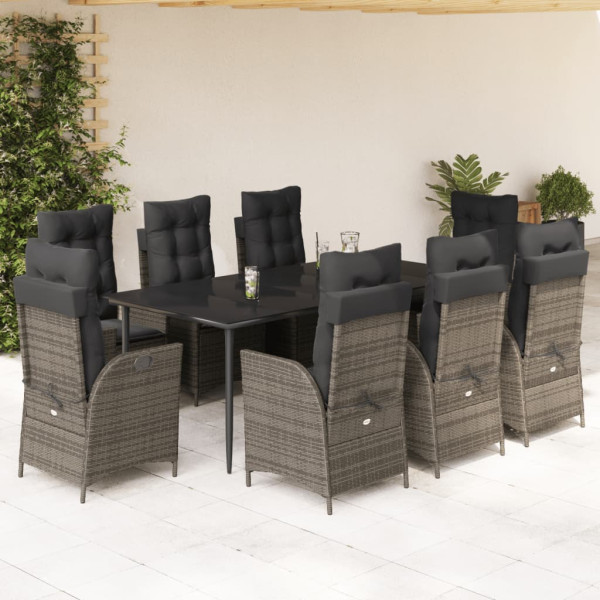Set comedor jardín 9 pzas y cojines ratán sintético gris D