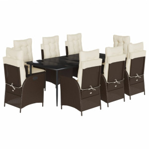 Set comedor para jardín 9 pzas y cojines ratán sintético marrón H