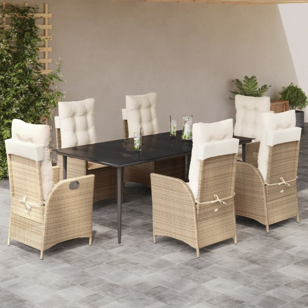 Set comedor de jardín 7 pzas con cojines ratán sintético beige D
