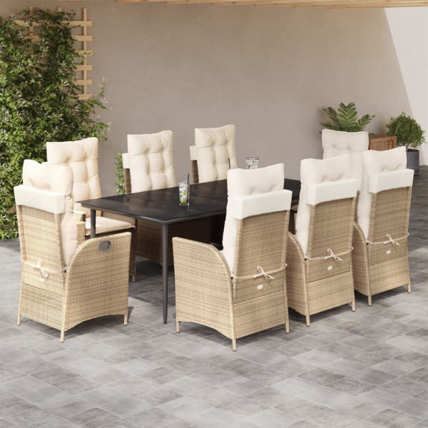 Set comedor de jardín 9 pzas con cojines ratán sintético beige D