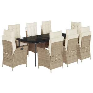 Set comedor de jardín 9 pzas con cojines ratán sintético beige H