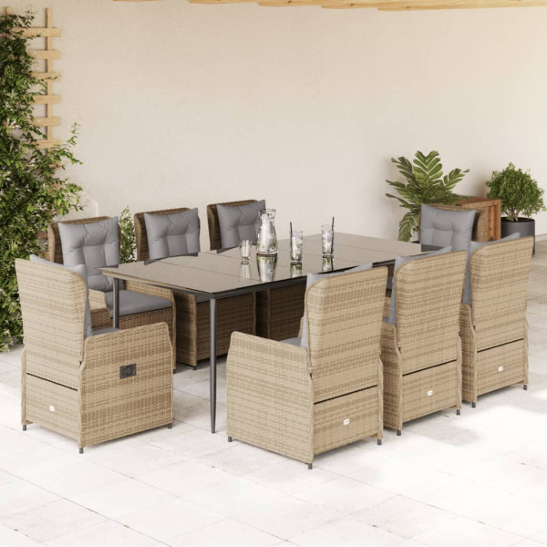 Set comedor de jardín 9 pzas con cojines ratán sintético beige D