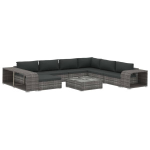 Set de muebles de jardín 10 pzas y cojines ratán sintético gris H