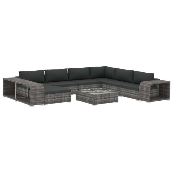 10 pcs conjunto lounge de jardim c/ almofadões vime PE cinzento M 2