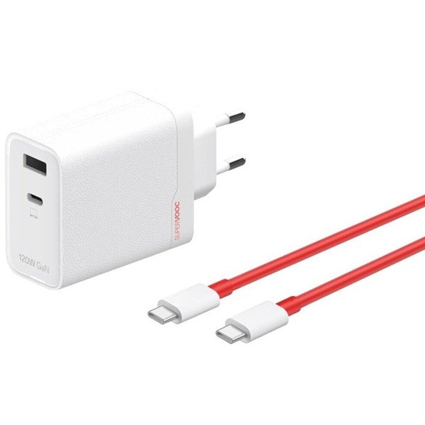Cargador de Pared dual OnePlus 120W USB-C + USB-A + Cable USB-C a USB-C blanco D