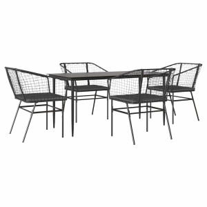 Conjunto de jantar jardim 5 peças almofadas vidro vime PE preto H