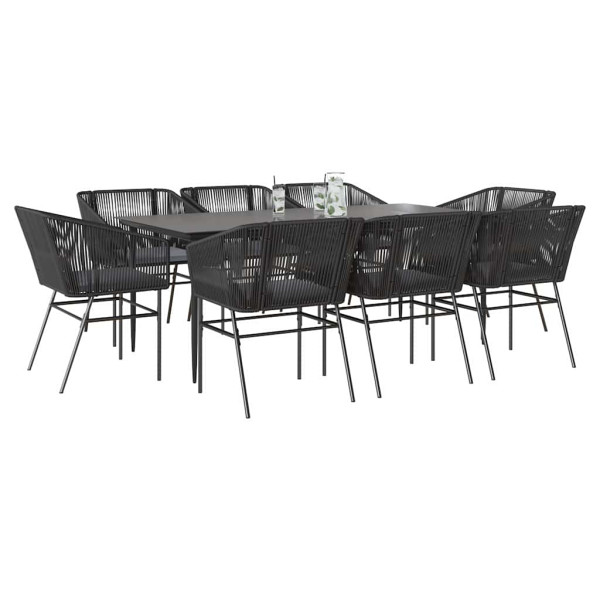 Set de comedor jardín 9 piezas cojines ratán polivinílico negro D