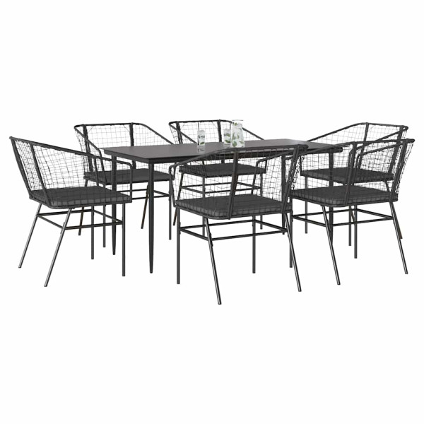Set de comedor de jardín 7 piezas cojines ratán sintético negro D