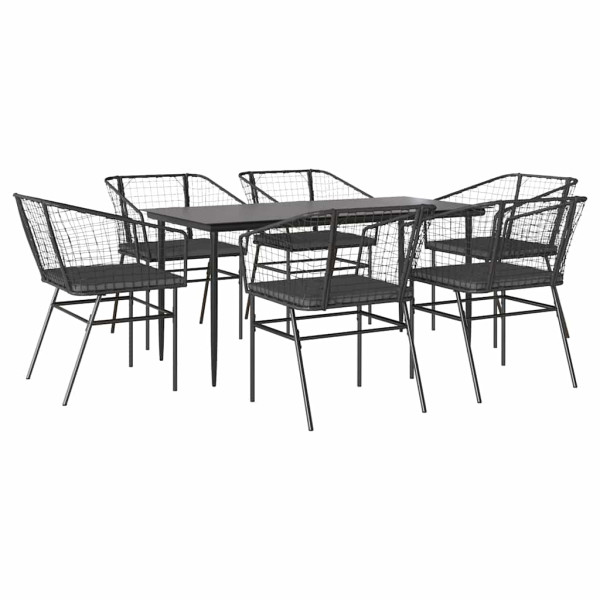 Conjunto de jantar jardim 7 peças almofadas vidro vime PE preto M 2